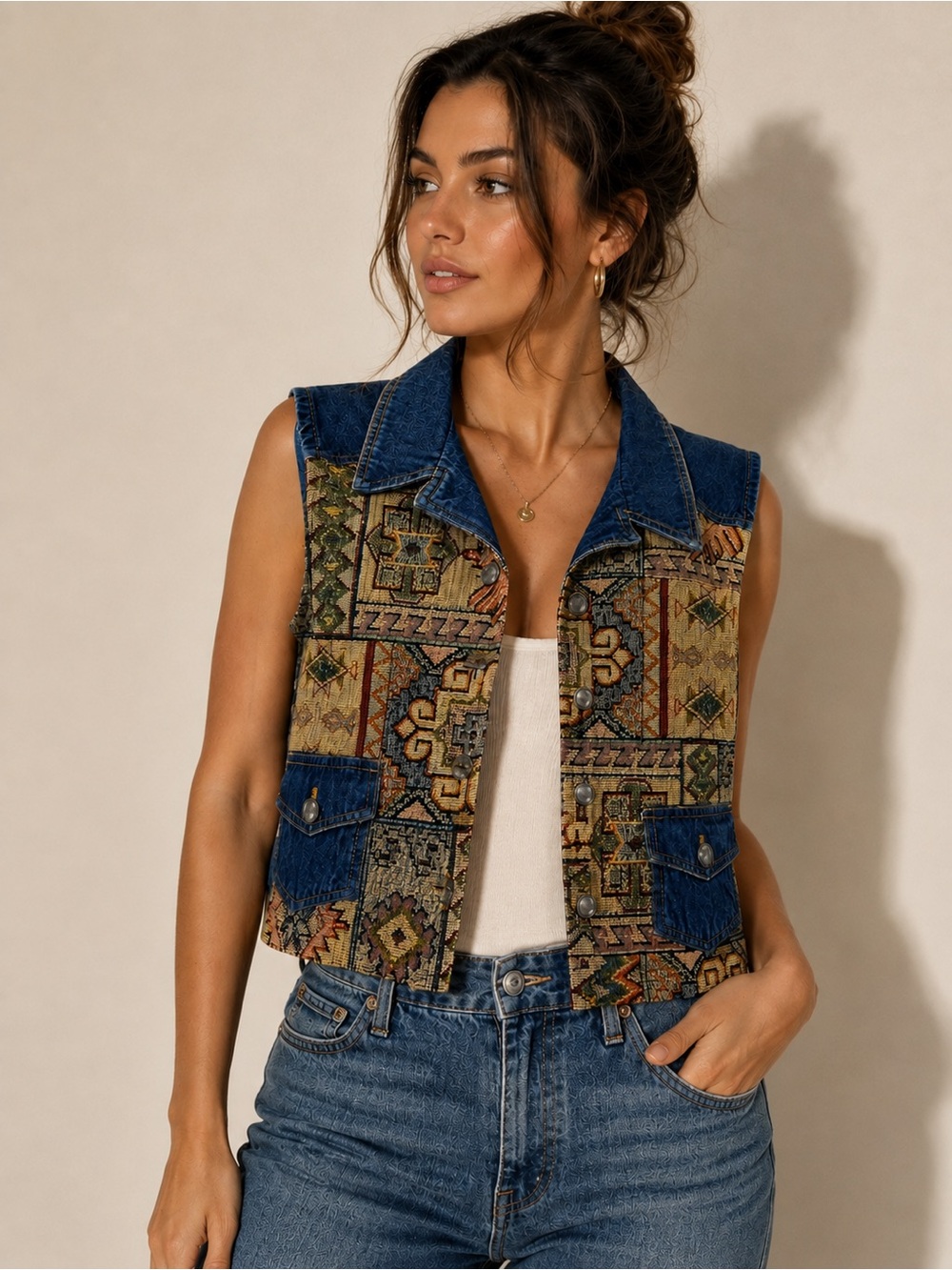 Stonebridge Petites Women’s PM Denim Tapestry Vest Boho Southwestern size PM